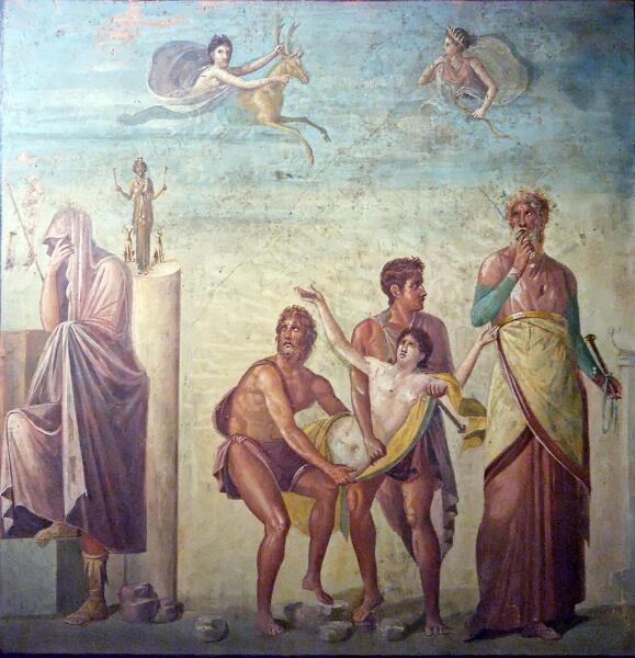 Помпейская фреска: Калхас (справа) приносит в жертву Ифигению. Крайний слева — Агамемнон, сверху фигура Артемиды