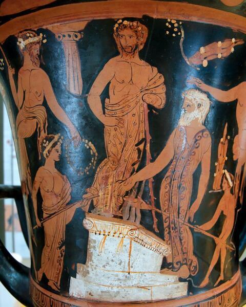 Кратер с росписью 400−300 годов до н.э. «Нестор и его сыновья приносят жертву Посейдону на побережьи Пилоса»