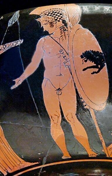 Гектор, фрагмент росписи эритрейской краснофигурной чаши, 425−420 год до н.э., собрание Этторе Помаричи Сантомаса, Гравина-ин-Пулья, Италия