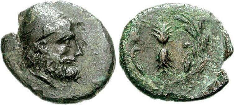 Голова Одиссея в фетровом колпаке, монета острова Итака, 300−191 год до н.э., диаметр 18 мм