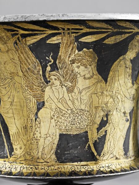 Афродита с Эротом, деталь росписи серебряного канфара, 420−410 гг. до н.э.