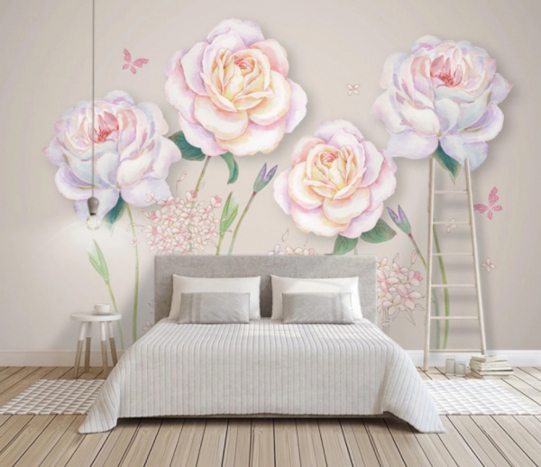 Изображение цветов на фотообоях в спальне