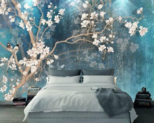 3д пейзаж с весенним цветением в спальне