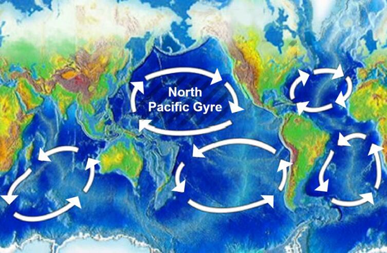 Карта расположения мусорных пятен в океанах Земли