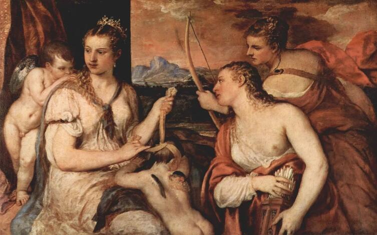 Тициан Вечеллио, «Венера завязывает Купидону глаза», 1565 г.
