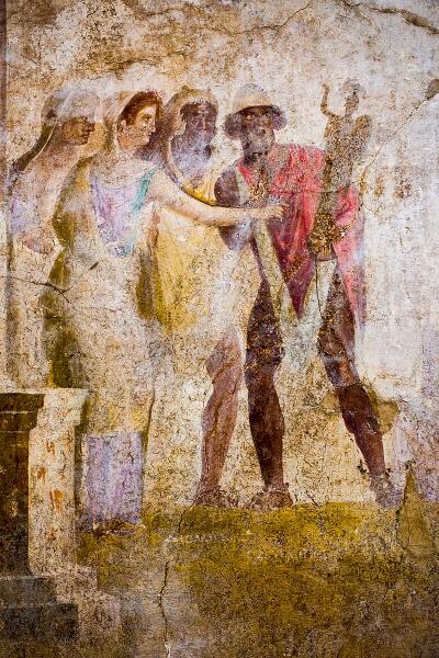 Одиссей (в пилосе) уносит палладиум из Трои с помощью Диомеда, несмотря на сопротивление Кассандры и других троянцев. Античная фреска из Помпеи