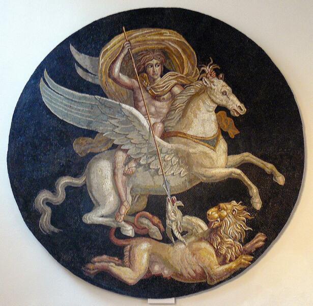 Беллерофонт верхом на Пегасе поражает Химеру. Восстановленный центральный медальон римской мозаики площадью более 100 м², обнаруженной в 1830 году в Отене (Сона-и-Луара)