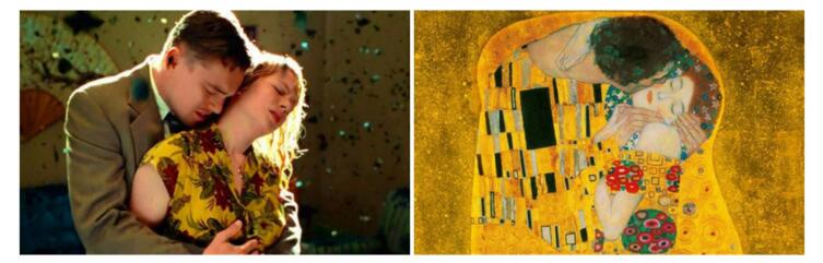Слева сцена из фильма «Остров Проклятых», сперва фрагмент картины «Поцелуй»