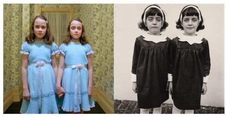 Слева кадр из фильма «Сияние», справа фотография близнецов Кэтлин и Коллин Уэйд (автор Дайан Арбус)