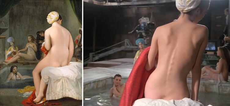Слева картина «Маленькая купальщица» Доминика Энгра, справа кадр из фильма «Страсть» Годара