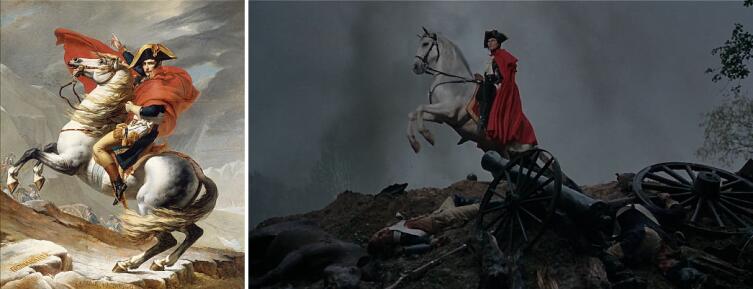 Слева картина «Наполеон на перевале Сен-Бернар» Давида, справа кадр из фильма «Мария-Антуанетта» Софии Копполы