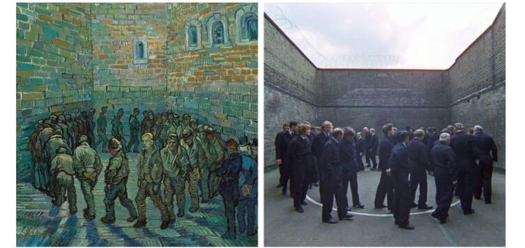 Слева «Прогулка заключенных» Винсента Ван Гога, справа кадр из фильма «Заводной апельсин» Кубрика