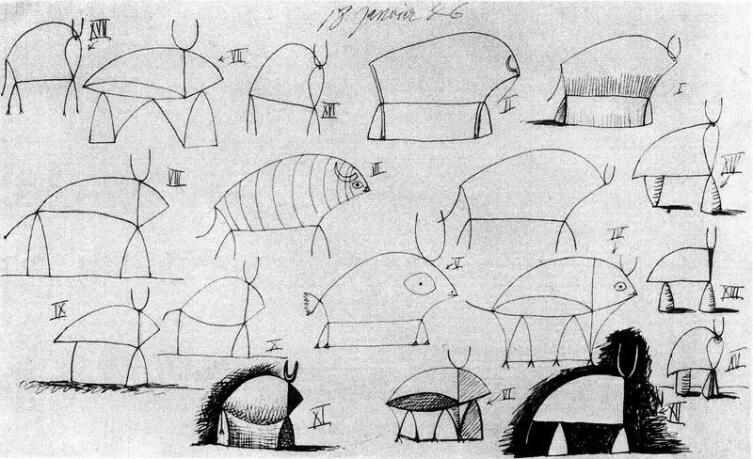 Пабло Пикассо, «Быки (набросок)», 1946 г.