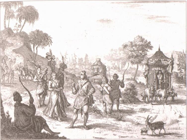 Фантастическое представление французского художника о повседневной жизни тартар-кочевников, с элементами классицизма и романтизма[39]. Иллюстрация к «Истории Монгалов» Карпини в книге Пьера Бержерона, издание 1735 г.