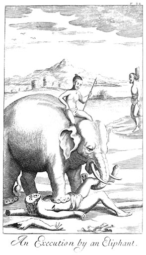 Казнь слоном. Иллюстрация из книги Роберта Нокса «Историческая повесть о Цейлоне»