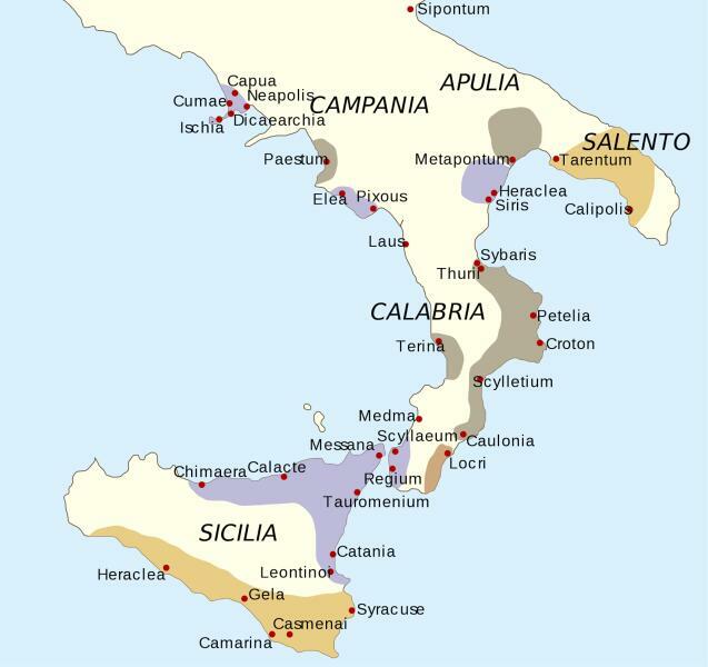 Колонии Греции в Италии (желтые — дорийские, фиолетовые — ионические, серые — афинские)