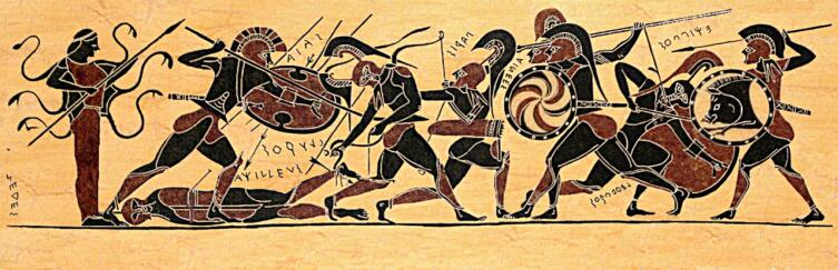 Битва за тело Ахилла. Аякс в левой части побеждает Главка. Изображение на древнегреческой вазе (ныне утерянной) 540—530-х годов до н. э.
