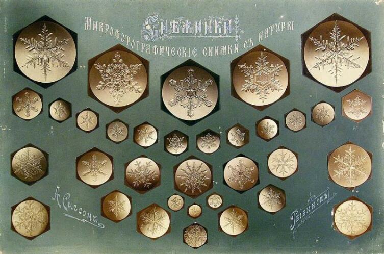 Фото снежинок на рекламном плакате российского фотохудожника А. А. Сигсона, рубеж XIX—XX веков