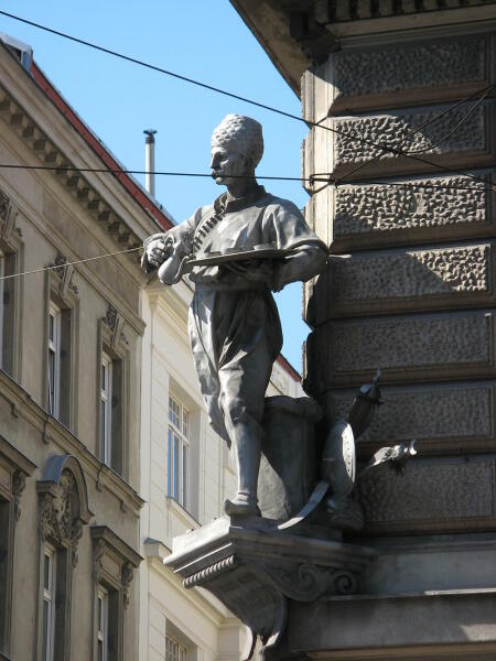 Памятник Ю. Кульчицкому на здании, где располагалась его кофейня