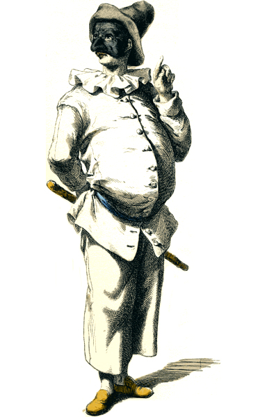 Костюм Пульчинеллы в 1700 году, рисунок Мориса Санда, 1860 г.