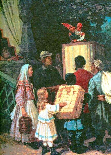 Л. И. Соломаткин, «Петрушка», 1878 г. Изображена сцена свадьбы Петрушки