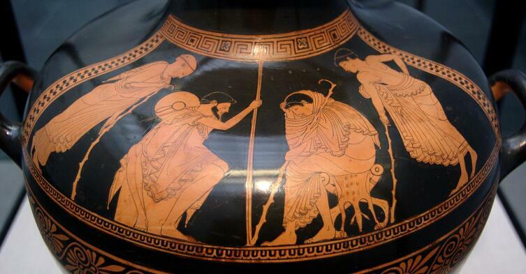 Послы Агамемнона перед Ахиллом. Слева — Одиссей и Феникс, справа — Ахилл и Патрокл. Краснофигурная гидрия, 480 год до н.э.