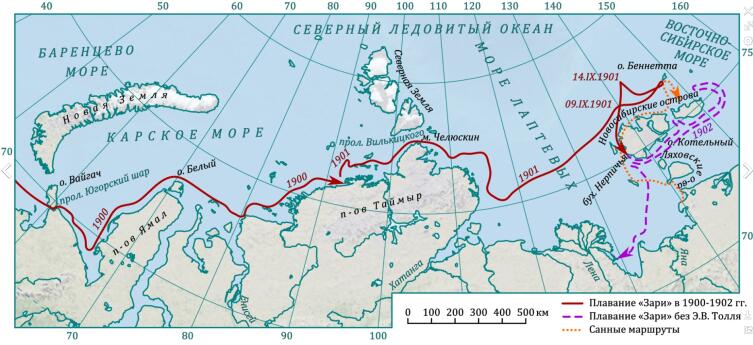 Плавание «Зари» в навигацию 1900—1902 годов, маршруты Толля и спасательной экспедиции Колчака 1903 года