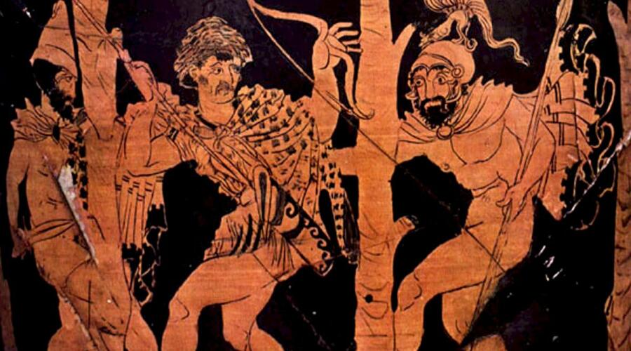 Долон (в центре), Диомед (справа) и Одиссей (слева). Краснофигурная вазопись