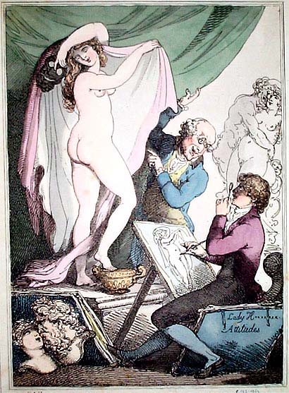 Карикатура на живые картины («аттитюды») Эммы Гамильтон. 1790-е годы