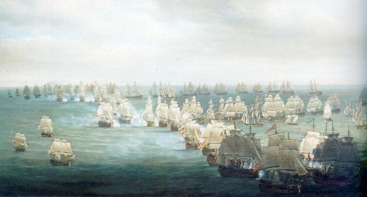 Николас Покок, «Трафальгарская битва. Вид с марса головного корабля союзников, по состоянию на 13:00. Англичане двумя колоннами атакуют с запада (справа)»