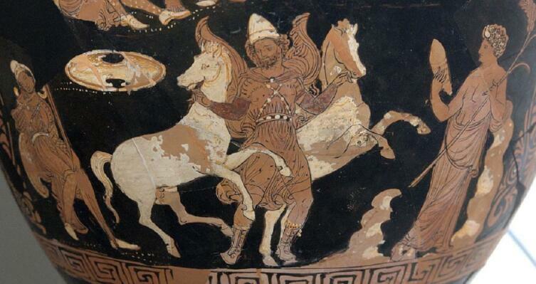 Одиссей и Диомед приводят добытых в разведке коней в стан ахейцев, апулийский краснофигурный кратер, высота 82 см, 340 год до н.э.