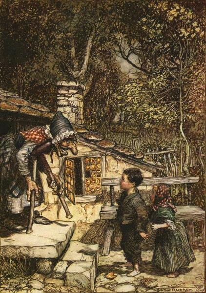 Ведьма приглашает Гензеля и Гретель в свою хижину. Иллюстрация Артура Рэкхема. 1909 г.