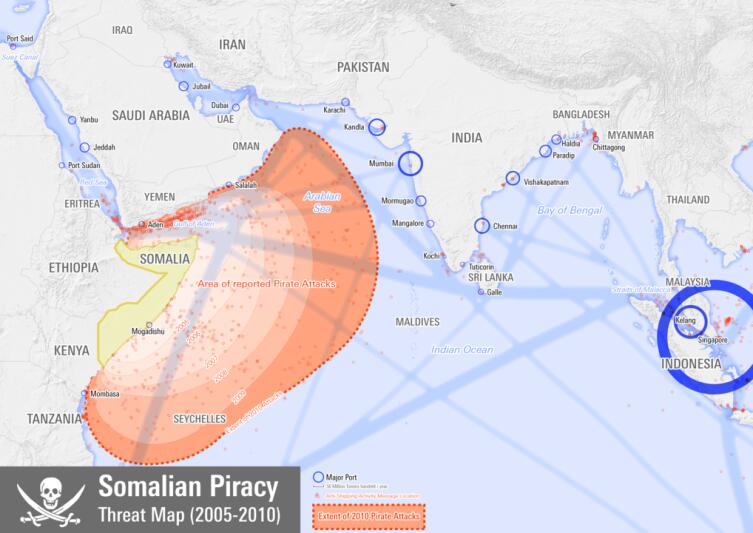 Карта региона действий сомалийских и малаккских пиратов