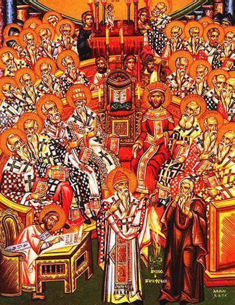 Первый Вселенский собор. Икона, представляющая Спиридона Тримифунтского (в центре) в споре с Арием (справа) во время Собора