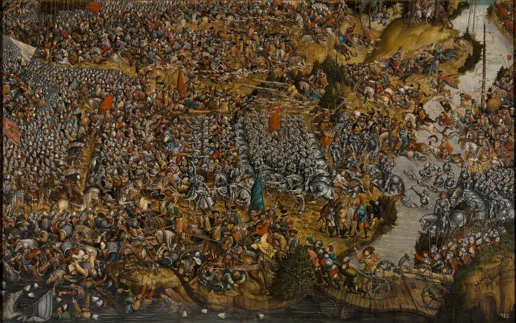 Битва под Оршей (1514). Слева — русская поместная конница. Картина отличается реализмом, хотя имеет ряд неточностей: гипертрофированными показаны тегиляи, сомнительно и широкое применение бехтерцев