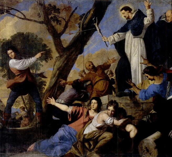 Картина Даниэля ван ден Дейка (XVII век), на которой Святой Доминик в сопровождении Симона де Монфора поднимает распятие против катаров
