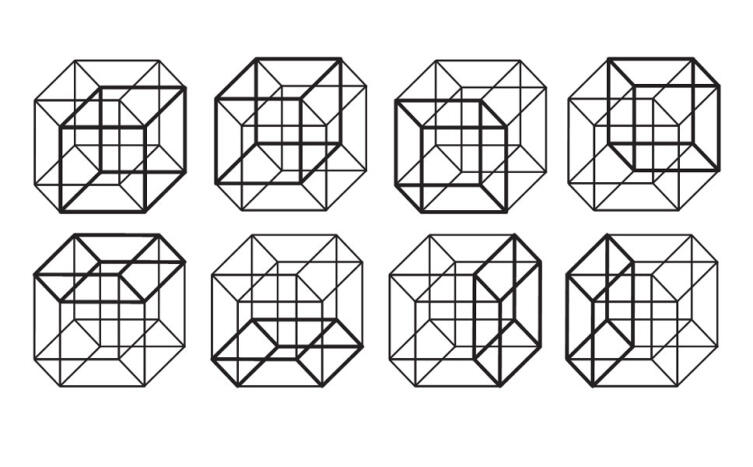 Все восемь трёхмерных кубов поверхности тессеракта
