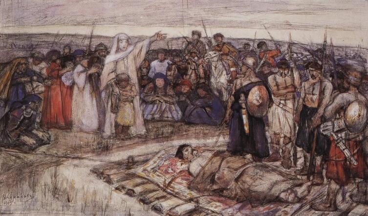 В. И. Суриков, «Княгиня Ольга встречает тело князя Игоря. Эскиз неосуществленной картины», 1915 г.