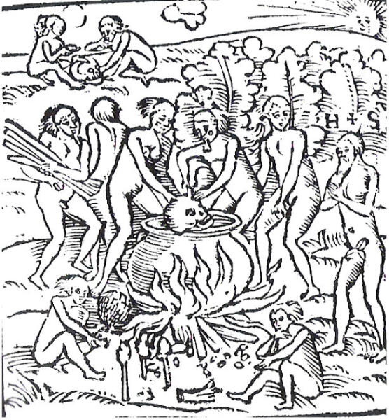 Гравюра из книги Штадена 1557 г, изображающая каннибализм в племени тупинамба. Штаден - голый бородатый мужчина справа с надписью 