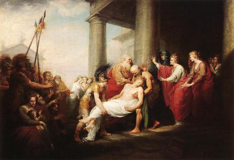 Джон Трамбулл, «Приам возвращается к своей семье с мертвым телом Гектора», 1785 г.