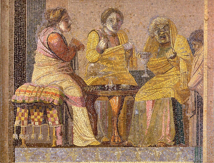 Мозаика из Помпей, изображающая персонажей в масках в сцене из пьесы: две женщины советуются с ведьмой
