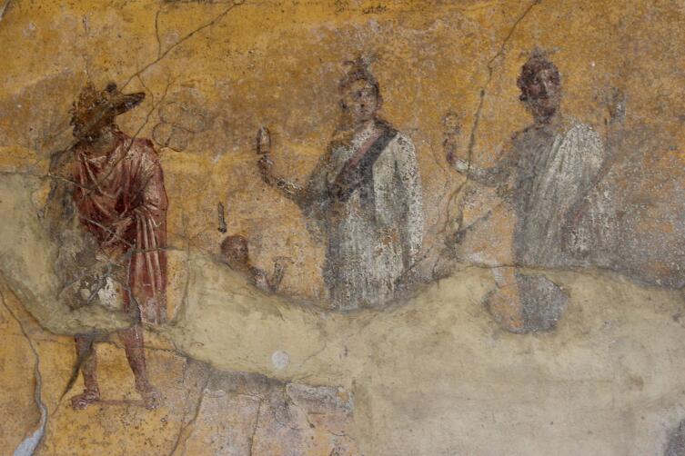 Анубис, Гарпократ, Исида и Серапис, античная фреска из Помпей