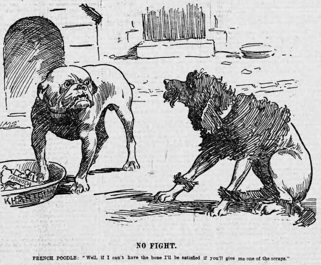 Карикатура: французский пудель просит объедки у британского бульдога