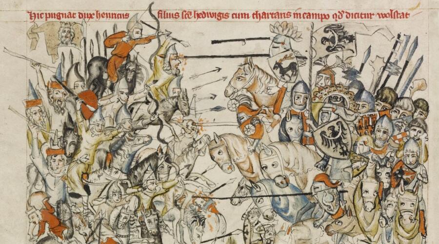 Битва при Легнице между монголами и поляками на средневековой миниатюре
