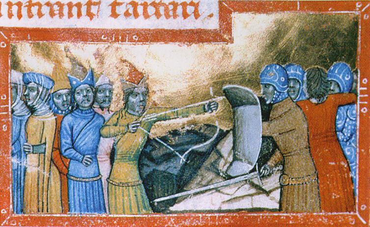 Монголы в Венгрии, 1285 г. Миниатюра из Иллюстрированой хроники. Слева - спешившиеся монголы с пленными женщинами, справа - венгры с одной спасенной женщиной