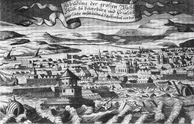 Наводнение в Петербурге 1777 г. Фантастическая немецкая гравюра XIX в.