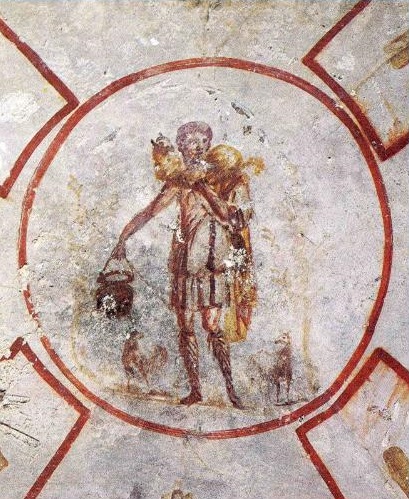 «Добрый пастырь». Фреска катакомб св. Калликста. 3 в. Рим