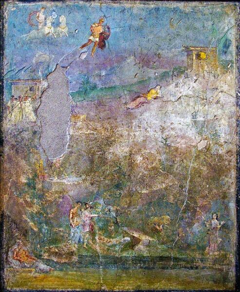 Фреска из Помпей, изображающая основание Рима. Сол летит на колеснице; Марс спускается с неба к лежащей в траве Рее Сильвии; Меркурий показывает Венере волчицу, кормящую близнецов; в нижних углах фрески Тиберин и Ютурна. 35—45 годы н. э.