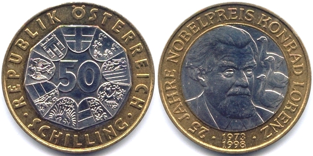 50 шиллингов 1998 г. — австрийская памятная монета, посвящённая 25-летию присуждения Конраду Лоренцу Нобелевской премии