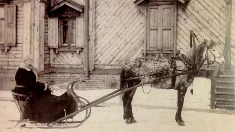 Верещагин в санях перед домом в Нижних Котлах Моск. уезда. Около 1900 г.